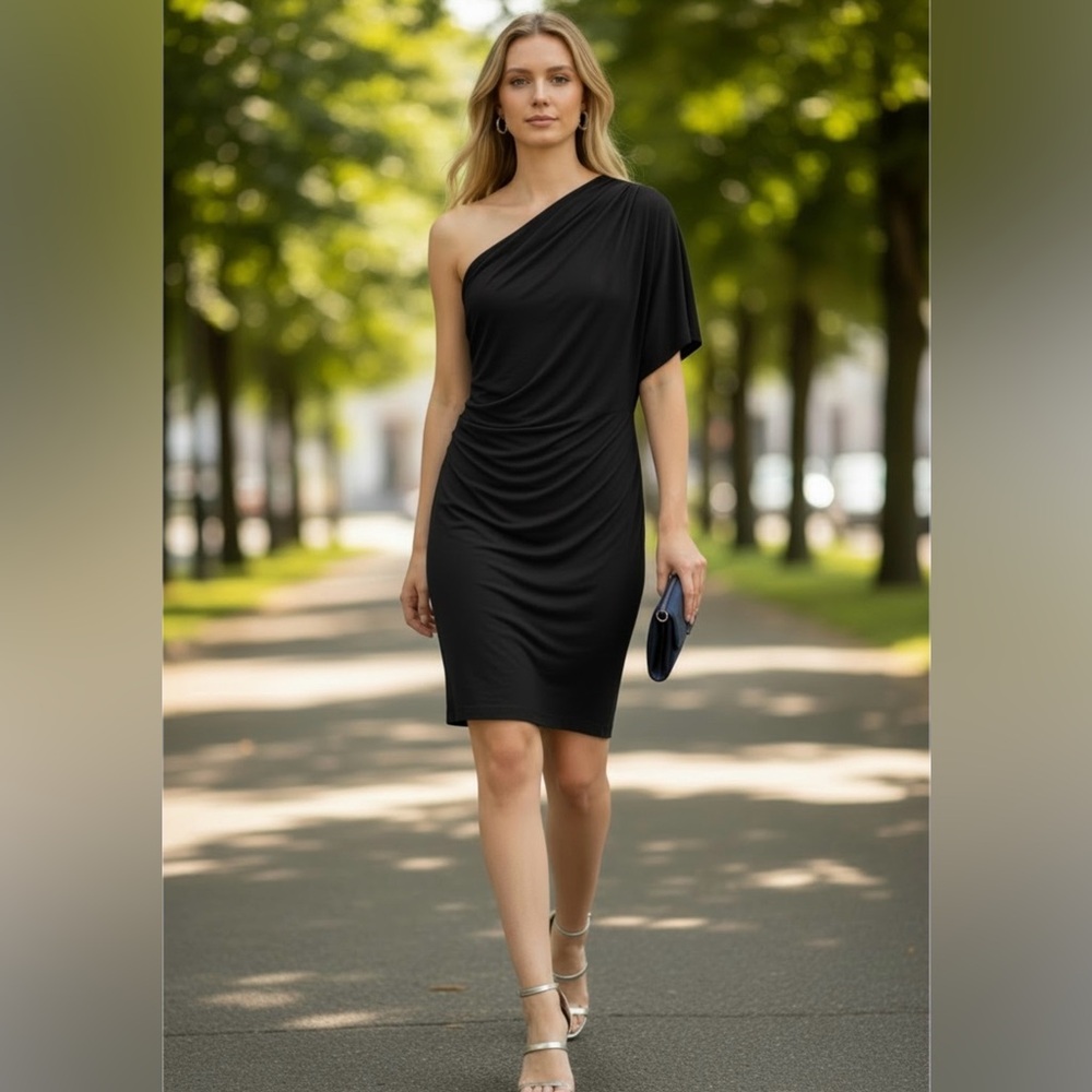Jessica Simpson Women's Black Stretchy Draped One Shoulder Dress Sz 2